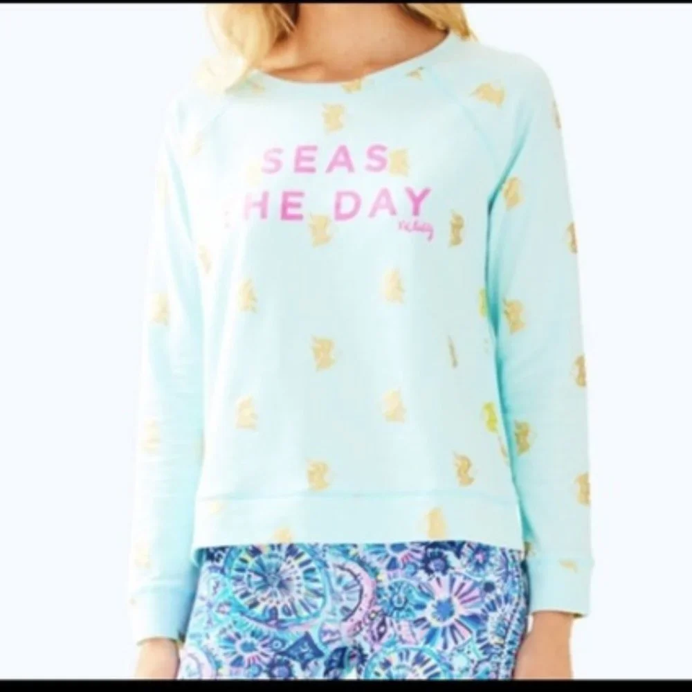 Lilly Pulitzer Braydon Pullover Pink Sunset Seas the Day Graphic Blue Size M NWT